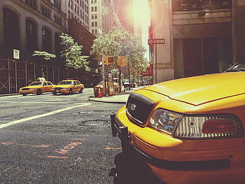 yellow, taxis, cabs, new york, city, streets, roads, intersection, buildings, towers, signs