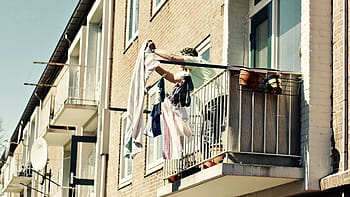 muž, hospodářství, bílý, textil, terasa, lidé, dáma, žena, pověsit, balkón, tkanina