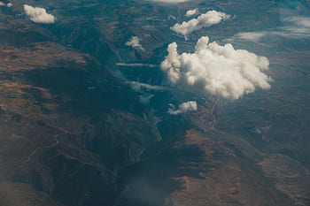 mountains, valleys, hills, cliffs, aerial, view, sky, clouds, landscape, nature