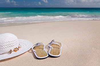 pair, brown, flip, flops, white, sunhat, accessories, beach, blue, feminine, flip-flops