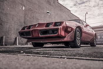 Červené, pontiac coupe, zataženo, nebe, červený pontiac, kupé, městský, objekty, líný, sportovní, auto