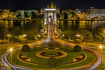 calcestruzzo, strada, campo d'erba, centro, ponte a catena, budapest, Ungheria, ponte, Danubio, luci, fiume