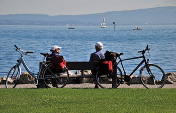Bank, Bodensee, Senior, Fahrrad, Treffen, gesamt, Park, sich ausruhen, glücklich, Renten, die Älteren