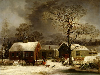 horse, front, house, woman, snow, george durrie, painting, oil on canvas, artistic, nature, outside