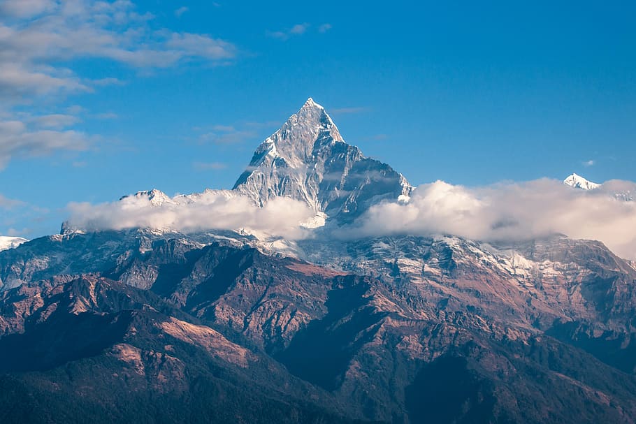 hora, obklopen, bílý, mraky, himalaya, Nepál, trekking, trek, fishtail, sníh, cestovní ruch