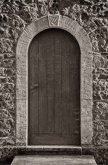 goal, door, wooden door, wooden gate, stone wall, door frame, architecture, old, historically, black white, input