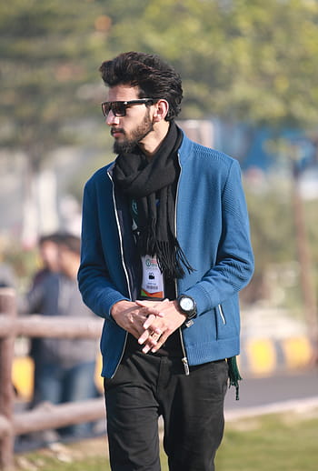 man, wearing, black, scarf, blue, zip-up jacket, outdoors, portrait, adult, nature, stylish boy