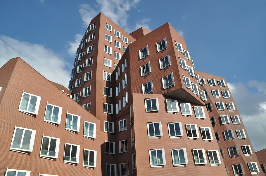 gehry buildings, düsseldorf, media harbour, architecture, facade, gehry, modern, modern architecture, urban