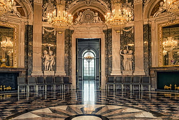 palace interior, hall, castle, ballroom, historically, mirroring, chandelier, noble, splendor, baroque, rococo