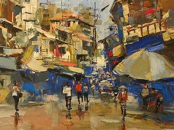 Vietnam, Hanoi, Bild, Malerei, Stadt, Ölgemälde, Kunst, Zeichnung, Öl